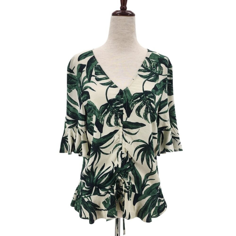 NEW H&M Womens 4 Top Tropical Leaf Ivory Green Bell Sleeve V-Neck Boho Party
